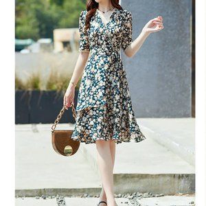 Elegant Floral Print Ruffles Lace Dresses Summer 2022 New Short Sleeve V-Neck